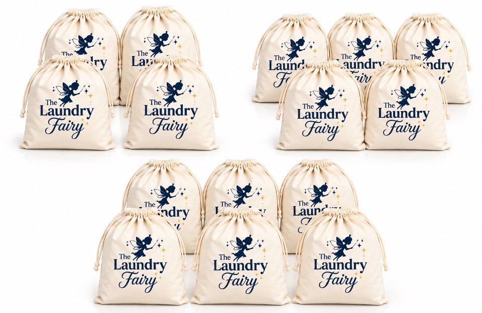 Sets of cream Laundry Fairy drawstring bags in groups of four, five, and six