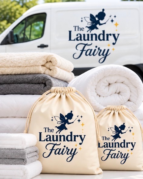 Stacks of freshly folded towels and a white comforter next to two Laundry Fairy bags, with the Fairy van behind